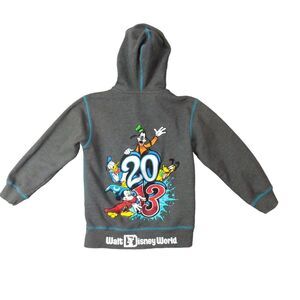 Disney World 2013 Hoodie Full Zip Embroidered Mickey Mouse Goofy Gray Kids M‎